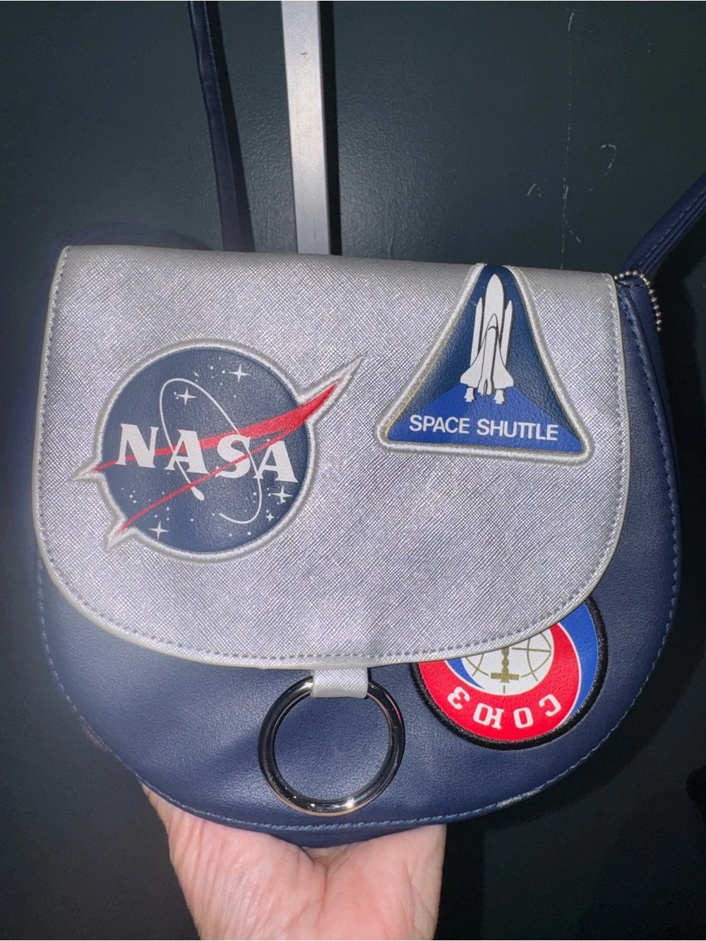 Buzz Aldrin NASA Patch Saddle Shoulder Bag - Navy/Silver with change bag